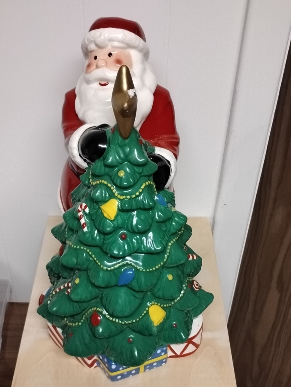 Santa Holding Green Ceramic Christmas Tree Cookie Jar